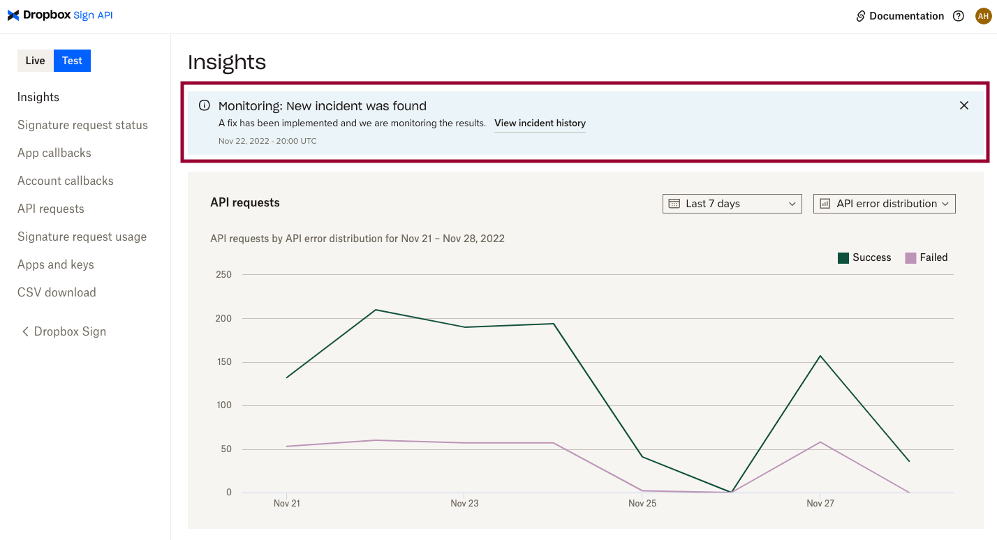 Image shows that the alert banner for sharing outages is located at the top of the Insights page.