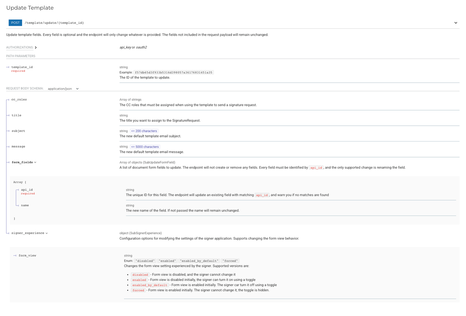 Image of update template endpoint